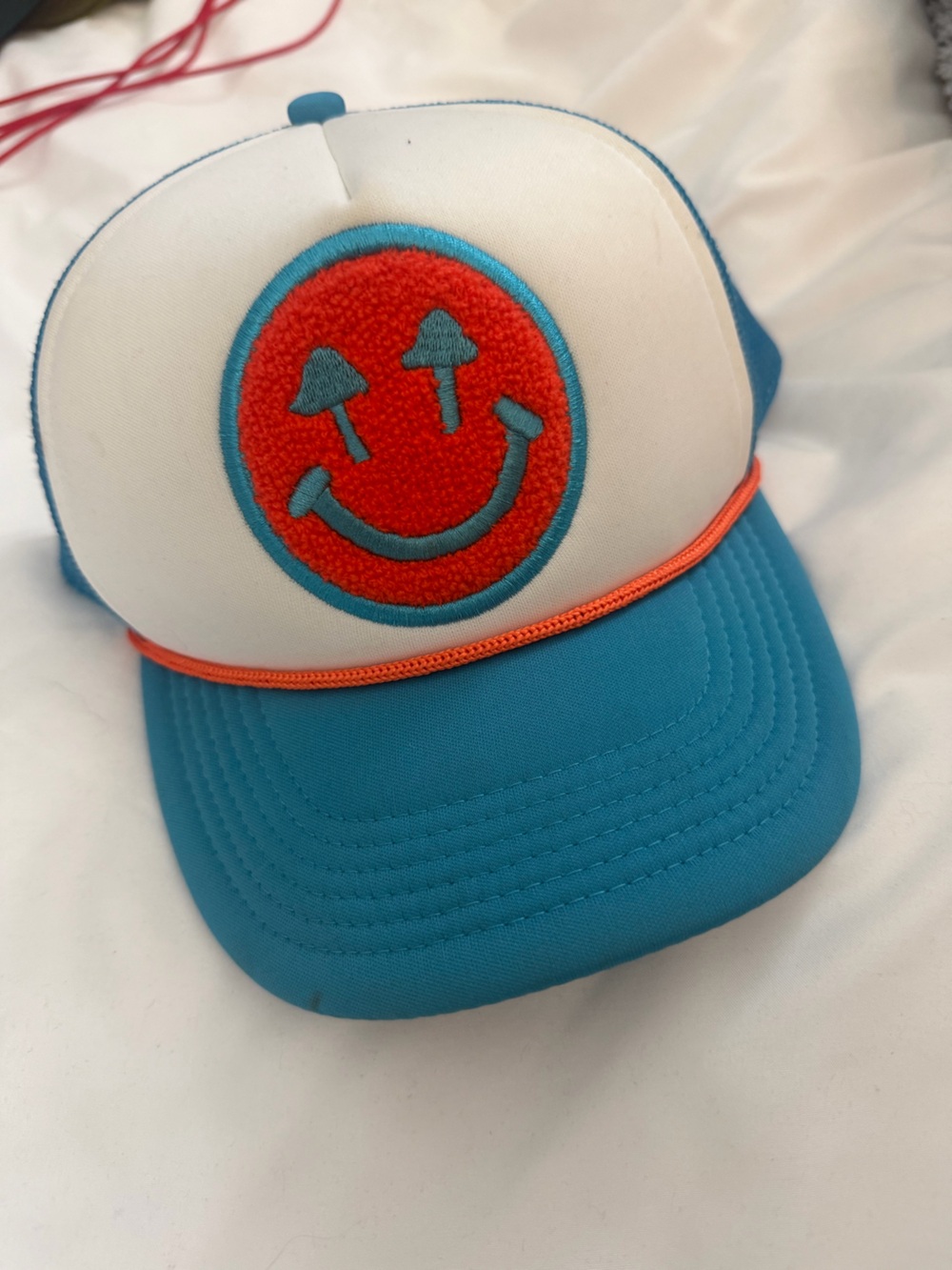 Teal & Orange Trucker Hat with Red Patch Happy Caps
